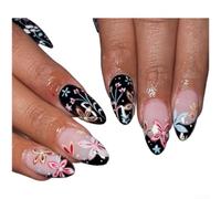 Black Floral Press On Nails Long Almond for french Tip Black | Chic black base, scattered floral prints, long almond shape, retro vintage charm, eye-catching design