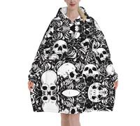 Black Floral Skull Blanket Hoodie Oversized Wearable Hooded Blanket Warm Throw Blanket Sweatshirt For Women Men Teens 280g Flannel