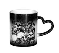 Black Floral Skull Color Changing Mug - Ceramic Heat Sensitive Mug with Heart-Shaped Design - A Magical Addition to Your Routine, Coffee Cup, Magic Mug, Morphing Mug