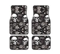 Black Floral Skull Print Car Foot Mat Set Of 4 Pieces Neoprene Rubber Mats For Enhanced Car Floor Protection
