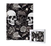Black Floral Skull Printed Jigsaw Puzzle with Storage Box, Wooden Puzzle for Adults and Kids, 500 Pieces Family Fun Decorative Game