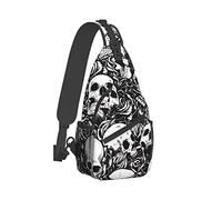 Black Floral Skull Waterproof Lightweight Sling Rucksack Bag For Sports And Outdoor For Women Man