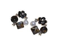 Black Floral & White Pearl Earrings, Rhinestone Accent Mixed Element Studs, Multi-Texture Statement Earrings for Women