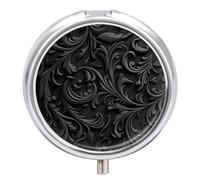 Black Flower Metal Pill Organizer, 3 Compartment Waterproof Pill Case with Mirror for Purse Pocket Bag, Daily Medicine Vitamin Holder, Portable Travel Med Container(Round)