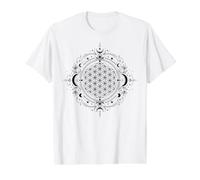 Black Flower of Life Moon Phase Sacred Geometry Celestial Value Graphic T-Shirt, Men, White, L