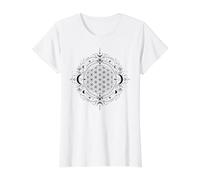 Black Flower of Life Moon Phase Sacred Geometry Celestial Value Graphic T-Shirt, Women, White, M