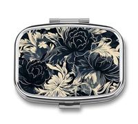 Black Flower Pattern Pill Box 2 Compartment, Portable Pill Case with Mirror for Pocket Purse Travel, Mini Metal Medicine Organizer for Vitamins Fish Oil