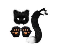(Black) Fluffy Fur Fox Tail Cat Paws Gloves Wolf Mask Set Masquerade Handmade Halloween Cosplay Costume Accessories
