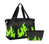 Black Fluorescent Cool Flame Green Multifunctional Large Bag Gym Bag with Toiletry Bag for Airplane Traveling