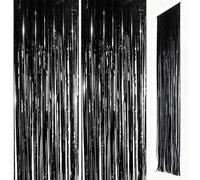 Black Foil Door Curtain Decorations, 2pcs 3.2ft x 8.3ft Tinsel Curtains Fringe Backdrop, Black Streamers Door Hanging Decoration for Halloween Birthday Wedding Bridal Shower Bachelorette Party.