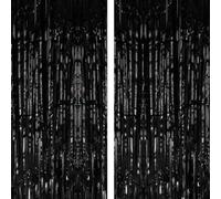 Black Foil Fringe Curtain - 2 Pack Metallic Black Backdrop Streamers for Halloween/Birthday/Party Prom Decor/Graduation/Queen/Christmas Party Decorations - 1m X 2.45m