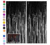Black Foil Fringe Tinsel Backdrop Glitter,2pcs 3.2ft x 6.5ft Black Foil Curtain Decoration,Laser Foil Fringe Metallic Tinsel Door Hanging Foil Flow Silk Streamers for Birthday Wedding Holiday Party