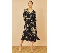 Black Foil Rose Print Midi Dress Yumi Black 16
