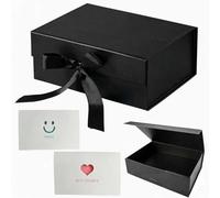 Black Foldable Gift Box 22x16x8.7cm with Magnetic Lid, Premium Presentation Box with Ribbon and 2 Greeting Cards - Luxury Flat-Pack Packaging for Birthdays, Weddings & Special Occasions