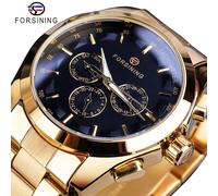 (black) Forsining Black Men's Mechanical Watch 3 Dial Calendar Automatic Self-wind Clock Business Sport Stainless Steel Belts Wristwatch