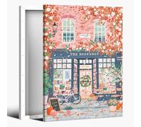 Black Frame Trendy Pink Bookshop and Fallen Leaves Wall Art Poster Architecture Botanical Aesthetic Canvas Prints for Modern Office Library Bedroom Wall Decor Framed8x12inch