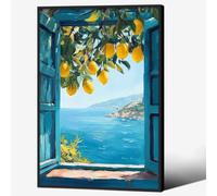 Black Framed Canvas Wall Art Posters Mediterranean Window View Coastal Lemon Tree Prints Blue Seascape Modern Nature Landscape Pictures for Bedroom Living Room Office Decor 16x24 In