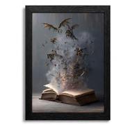 Black Framed Fantasy Book Wall Art Dark Academia Magic Book Wall Decor Knights and Dragons Emerging from Spell Book Pictures Print for Bedroom Living Room Office Dining Room Home Decorations 12x16in