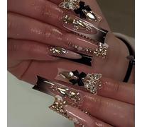 Black French Tip Press on Nails Long Square Fake Nails, 24Pcs Acrylic Nails with 3D Gold Butterfly Black Bows Designs Champagne Rhinestone Glue on Nails Finger Manicure Artificial Nails for Women