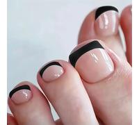 Black French Tip Press on Toenails - Stick-on False Toe Nails with Black Edge Design, Full Cover Fit Natural Toe Shape, Includes Tools Kit, Eco-Friendly Durable ABS Material