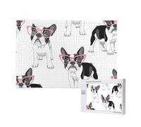 Black Frenchie Cartoon French Bulldog Pink Glasses White Dog,1000 Pieces Wooden Jigsaw Family Game Jigsaw Puzzles for Adults Teens Home Decor