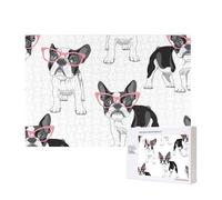 Black Frenchie Cartoon French Bulldog Pink Glasses White Dog,300 Pieces Wooden Jigsaw Family Game Jigsaw Puzzles for Adults Teens Home Decor