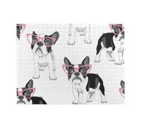 Black Frenchie Cartoon French Bulldog Pink Glasses White Dog,500 Pieces Puzzles for Adults-Wooden Jigsaw Puzzle for Adults Elderly