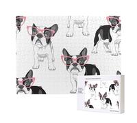 Black Frenchie Cartoon French Bulldog Pink Glasses White Dog,500 Pieces Wooden Jigsaw Family Game Jigsaw Puzzles for Adults Teens Home Decor