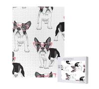Black Frenchie Cartoon French Bulldog Pink Glasses White Dog,500 Pieces Wooden Jigsaw Family Game Jigsaw Puzzles for Adults Teens