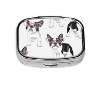 Black Frenchie Cartoon French Bulldog Pink Glasses White Dog,Meta Pill Box 2 Compartment Medicine Case,Portable Organizer,Rectangle Meta Portable Organizer Pill Box 916 Compartment Medicine Case