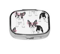 Black Frenchie Cartoon French Bulldog Pink Glasses White Dog,Meta Pill Box 2 Compartment Medicine Case,Portable Organizer
