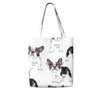 Black Frenchie Cartoon French Bulldog Pink Glasses White Dog,Reusable Grocery Bags Shopping Tote Bags Large Capacity Canvas Shoulder bag