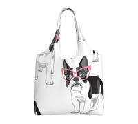 Black Frenchie Cartoon French Bulldog Pink Glasses White Dog,Reusable Tote Bags Grocery Bags Large Capacity Canvas Shopping Shoulder bag