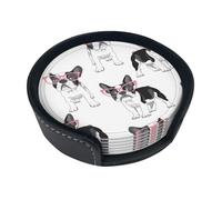 Black Frenchie Cartoon French Bulldog Pink Glasses White Dog,Set of 6 Round Coasters, Pu Leather Drinks Coasters with Holder for Home Office Kitchen