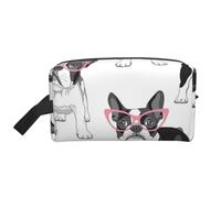 Black Frenchie Cartoon French Bulldog Pink Glasses White DogLarge Capacity Cosmetic Organizer，Travel Makeup Bag for Women