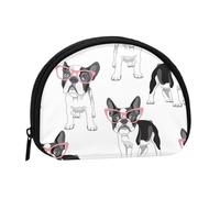 Black Frenchie Cartoon French Bulldog Pink Glasses White DogSmall Makeup Sanitary Napkin Storage Bag,Women's Cosmetic Coin Purse