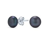 Black Freshwater Cultured Button Pearl Ball Stud Earrings For Women .925 Sterling Silver 7MM