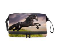 Black Friesian Horse Gallop Double Layer Cosmetic Bag for Women and Girls, Travel Toiletry Bag Makeup Handy Pouch Organiser Bag with Brush Compartment