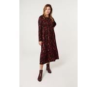 Black Frill High Neck Shirred Waist Paisley Dress Blue Vanilla Black M/L