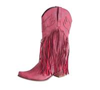 Black Fringe Boots for Women Chunky Heel Design Wide Calf Western Cowboy Boots Wide Mid Calf Pointed Toe Cowboy Boots with Zipper Retro Long Boots Fall Winter Boots for Sexy Party Occasion