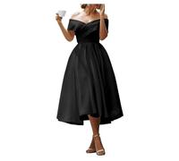 Black Funeral Dresses for Women Off Shoulder Satin Gowns Evening Dresses Midi with Pockets Tie Wedding Dress Black Size UK16/EU44