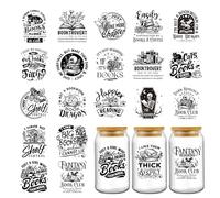 Black Funny UV DTF Stickers - 20 Sheets Reading Books Uvdtf Cup Wraps for Glass 16 oz Cups, Skull Flower Waterproof Transfer Sticker Decals for Water Bottle Craft Decoration Gifts for Book Lovers