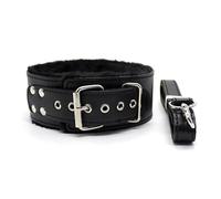 Black Furry Bondage Collar and Lead, BDSM Cosplay Collar and Chain Lead, Black Bondage Collar for Couples, Faux Leather Sex Toys