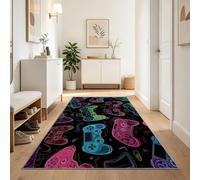 Black Game Runner Rug 120x300 cm, Neon Game Controller Lines Pattern Non Slip Washable Kitchen Runner Ultra Thin Carpets, Game-Theme Rug for Hallway Entryway Kitchen Laundry Room