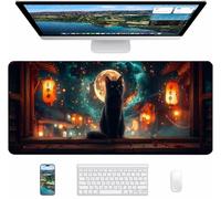 Black Gaming Mouse Pad, Cat Large Mouse Mat 1200x600x3mm, Desk Pad with Stitched Edges, Keyboard Mat with Waterproof Non-Slip Rubber Base, Desk Accessories and PC Accessories, Gifts for Women T-1795