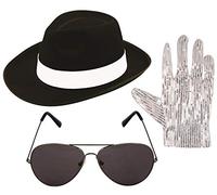 Black Gangster Hat Pop Icon Glasses Pop Sequin Gloves Aviator Shades 1980’s Fancy Dress Set