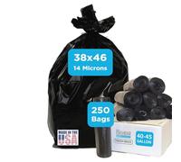 Black Garbage Bags, Made in USA, 40-45 Gallon, Heavy Duty, Durable, Unscented, High Density, Industrial and Commercial Use, for Construction, Lawn, Leaf, Coreless Rolls, Bulk 250 Count