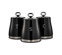GEEPAS Retrovive 3-Piece Tea Coffee Sugar Canisters Set | 1.4L Airtight Stainless Steel Lids & Durable Carbon Steel Body | Kitchen Storage Canisters Keeps Contents Fresh Aromatic & Flavourful | Black