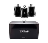 (Black) GEEPAS 4 Pc Tea Coffee Sugar Canister & Bread Bin Set | 13L Bread Box 1.4L Canister Set | Carbon Steel Container Easy Clean Storage Tins