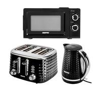 GEEPAS Electric Kettle 4 Slice Bread Toaster & Microwave Kitchen Set | 2200W 1.7L Textured Cordless Kettle | 1750W Toaster with 7 Level Browning Control | 700W Solo Manual Dial Microwave 20L | Black
